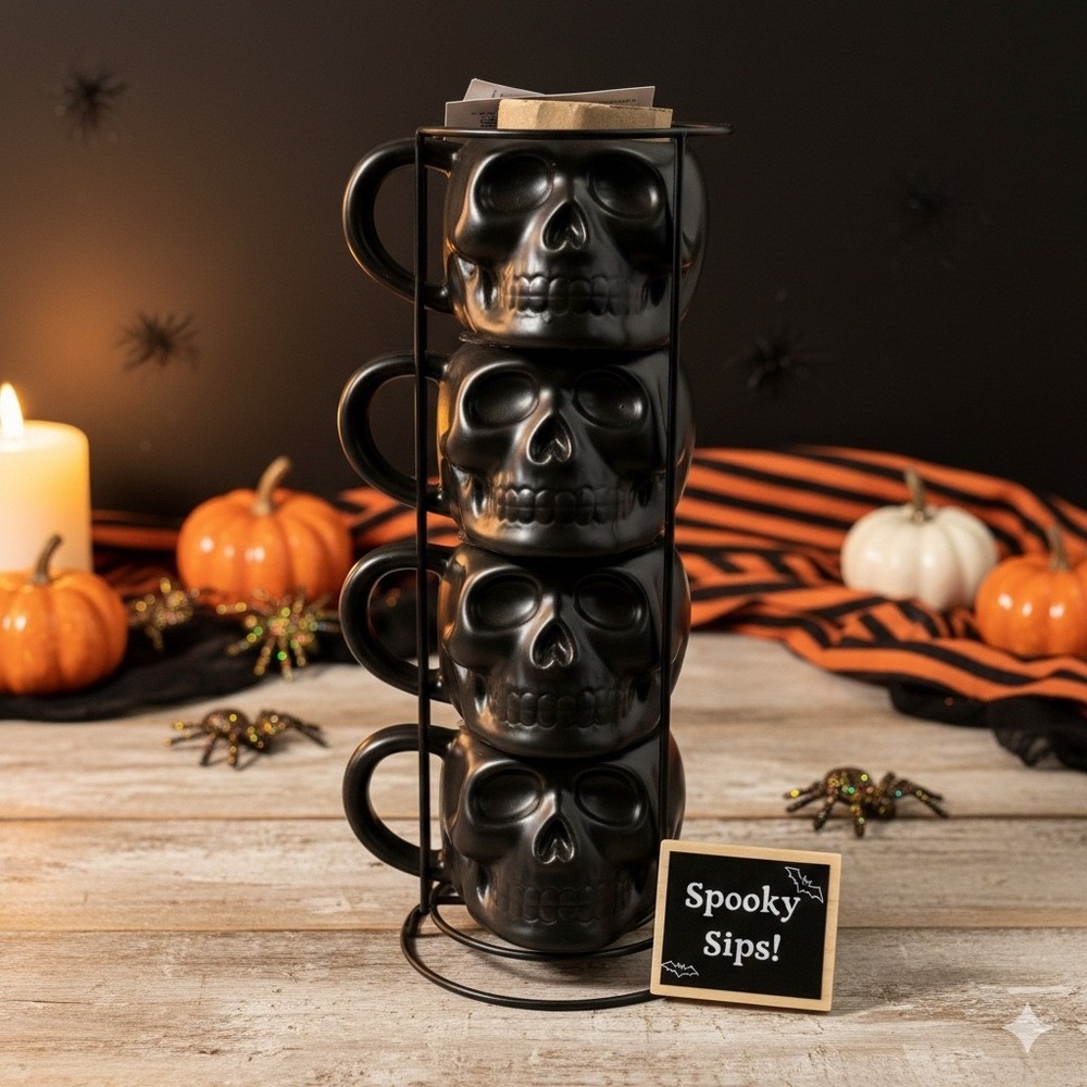 Halloween Boutique Matte Black Skull Stacking Mug Set of 4 and Metal Rack 13.5oz